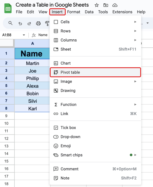 Insert Pivot Table