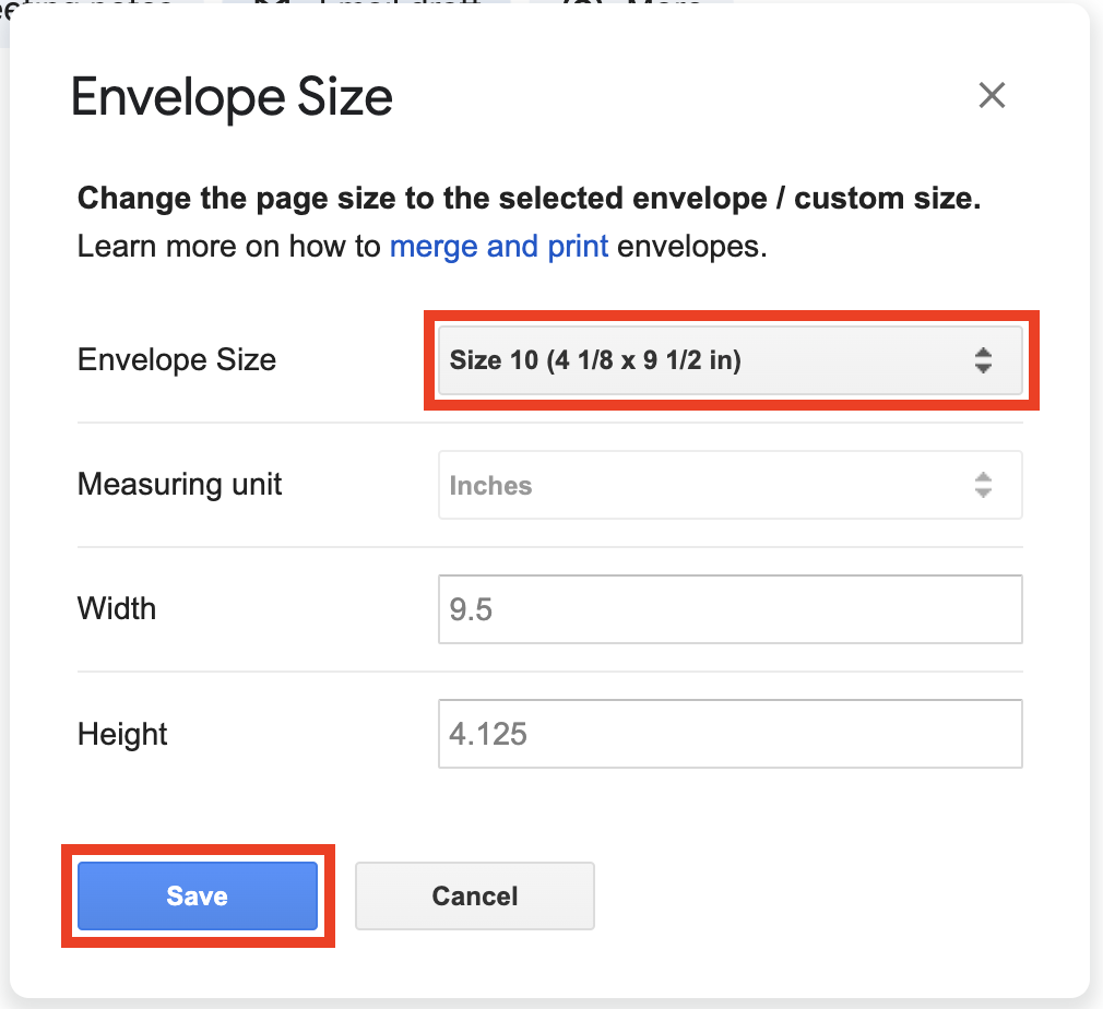 Select Envelope Size and Save