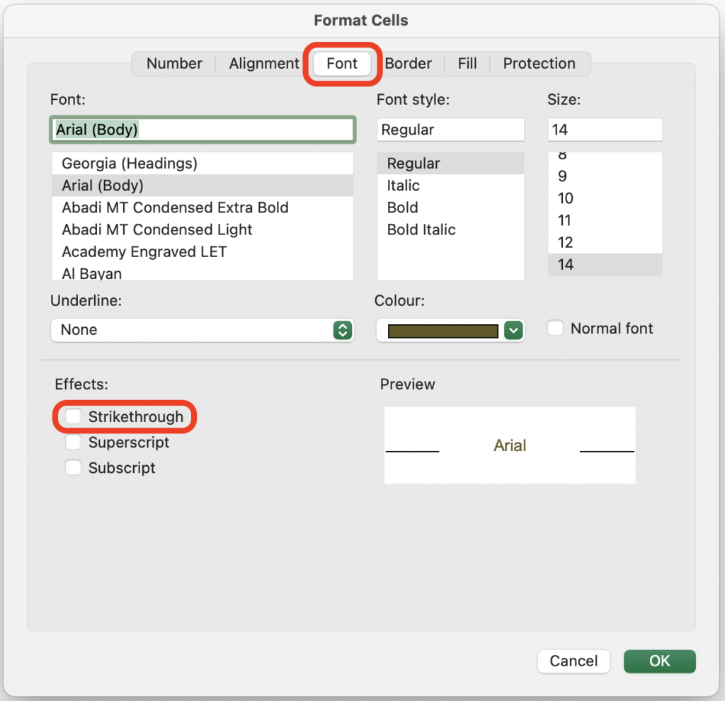 how to make strikethrough text in excel