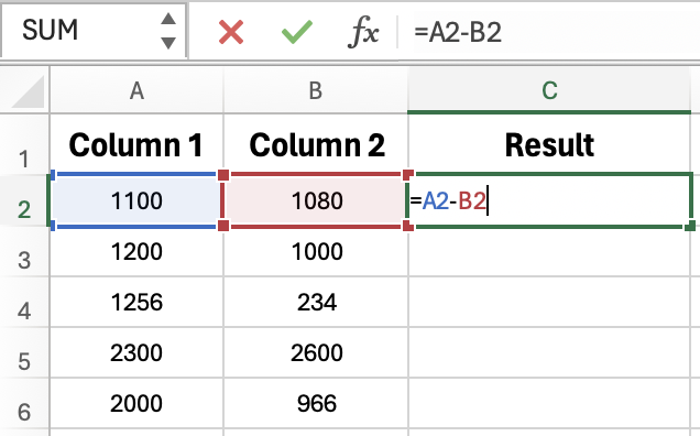 Basic Subtract Formula in Excel