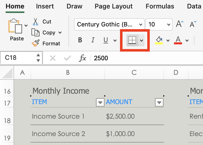 Border Menu in Excel