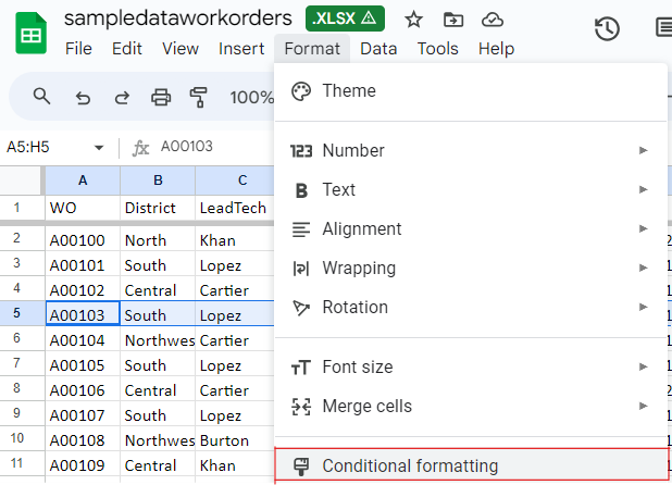Conditional Formatting Option in Google Sheets