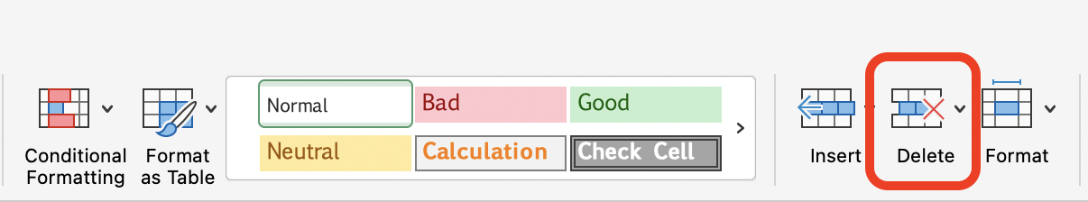 Delete Option in Ribbon Menu of Excel