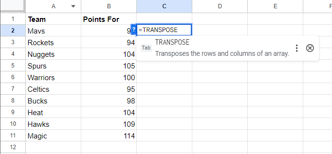 Enter Transpose Formula