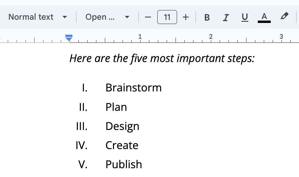 Example of Roman Numerals in Google Docs