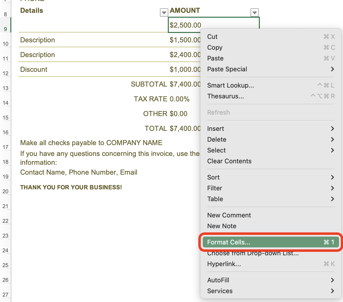 Format Cells Option