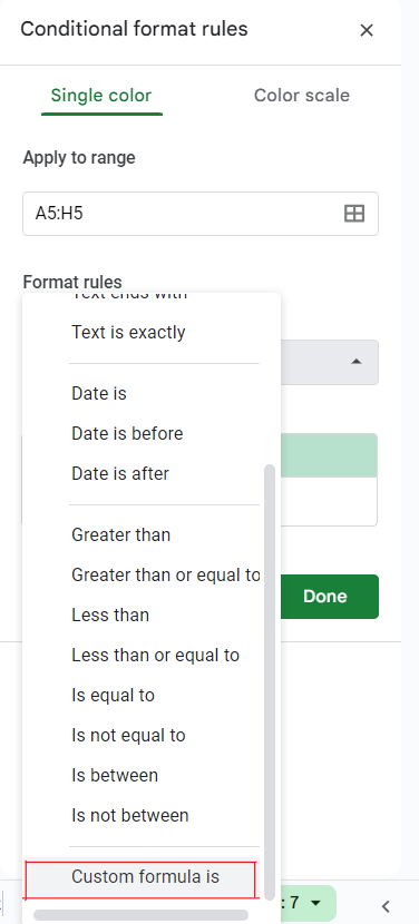 Format Rules Side Bar Menu