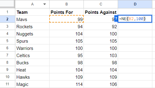 Formula To Compare with NE Function