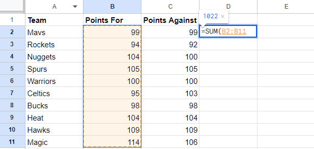 Formula for SUM Function