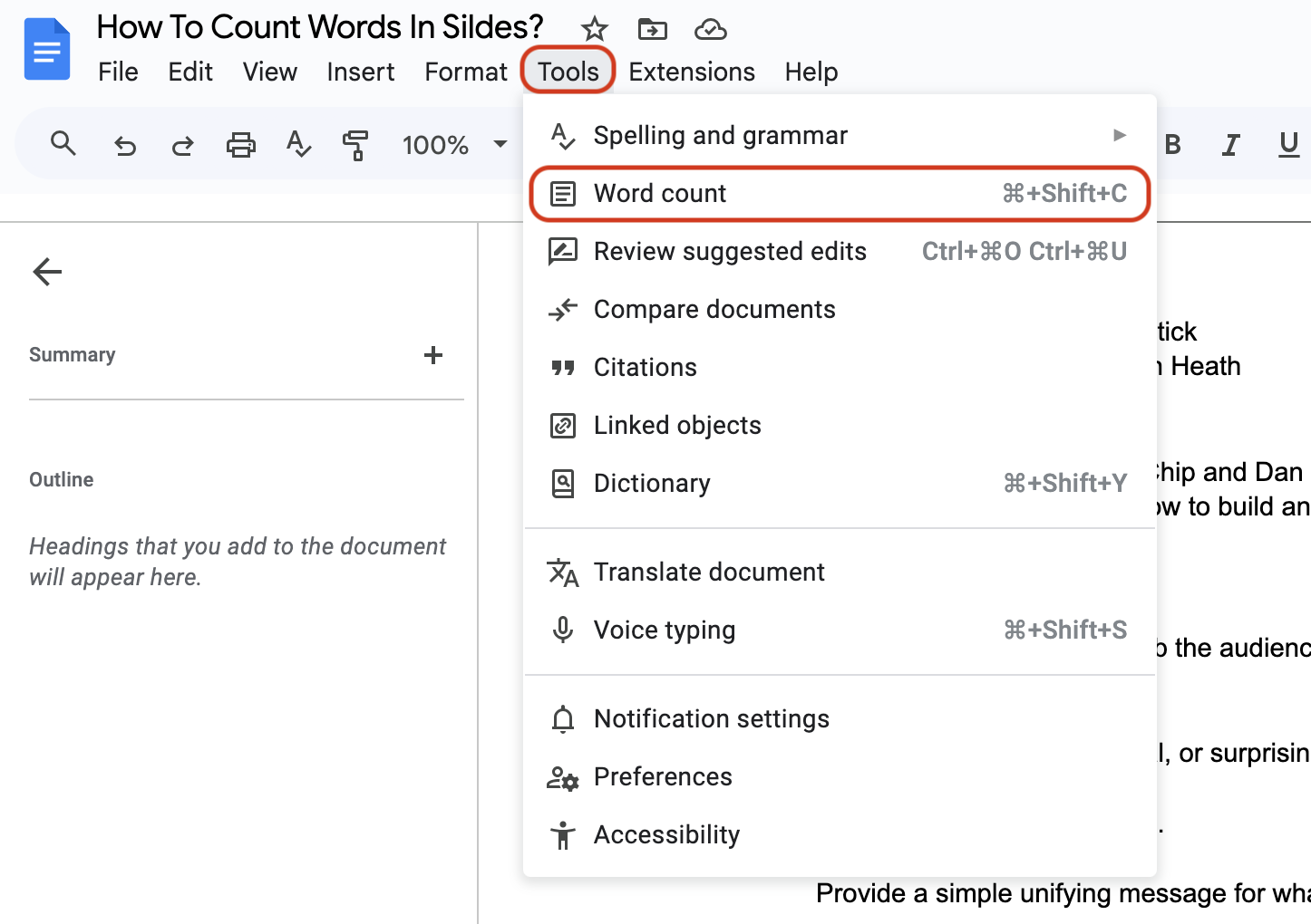 Go to Tools and Select Word Count