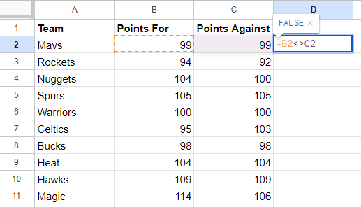 Input Not Equal Formula