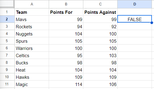 Result of Not Equal Formula