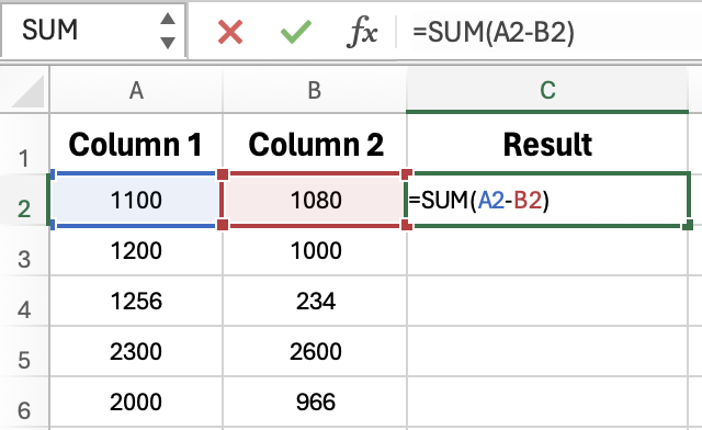 SUM Formula To Subtract