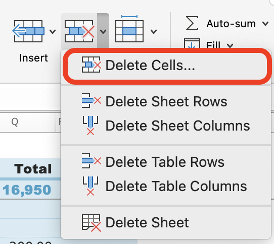 Select Delete Cells Option