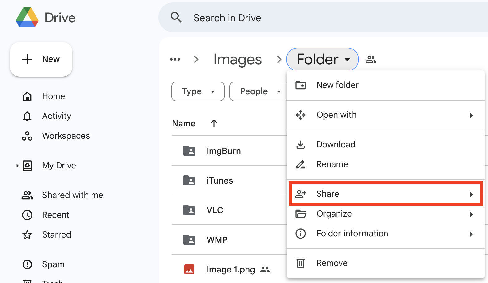 Select Folder and Share Option