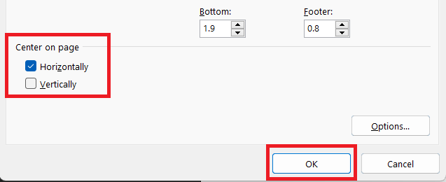 Select Horizontally Under Center on Page