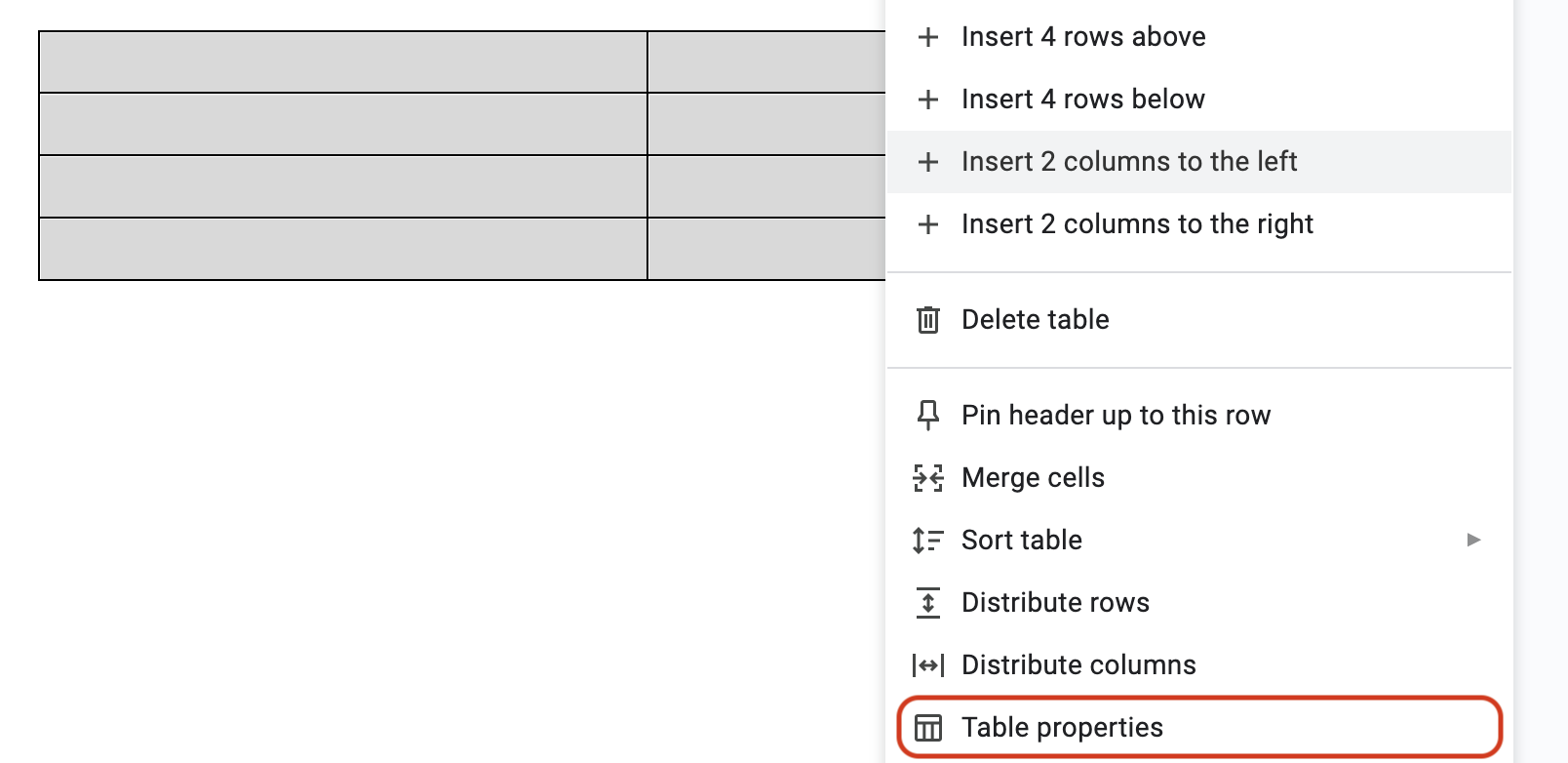 Select Table Properties
