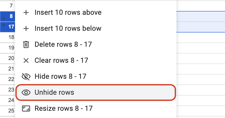 Select Unhide Rows