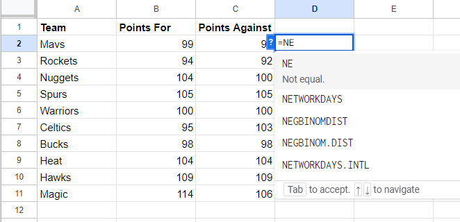 Syntax of NE Function