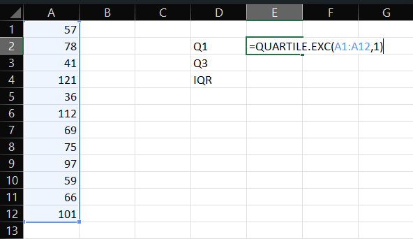 Using QUARTILE.EXC Function