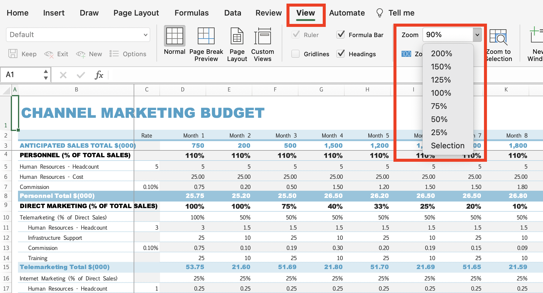 Zoom Option within View Tab in Excel