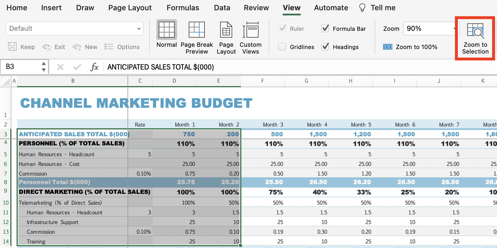 Zoom Selection Option in Excel