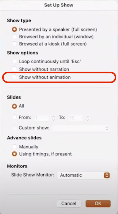 Choose Show Without Animation