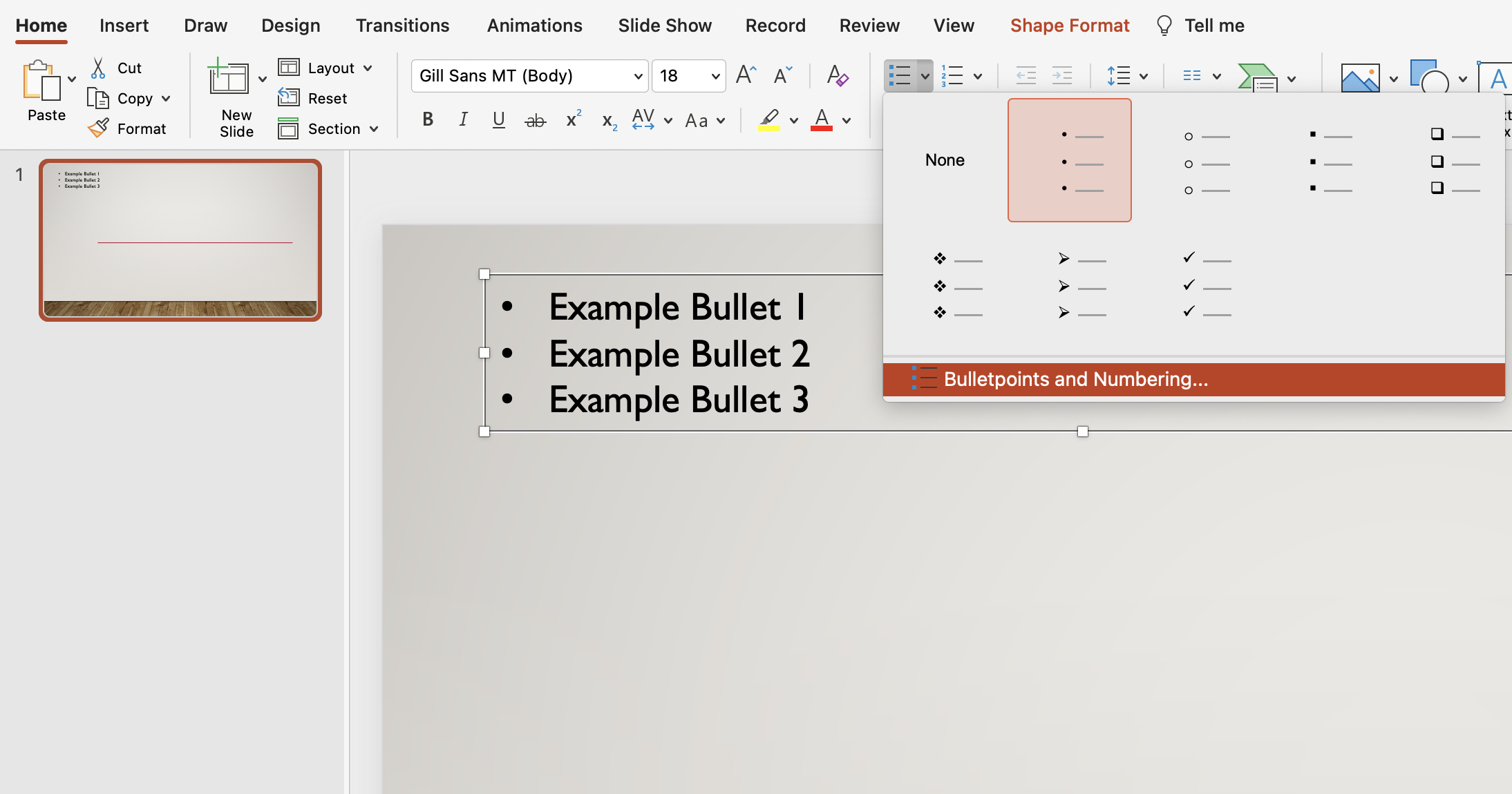 Click Bullet Points and Numbering